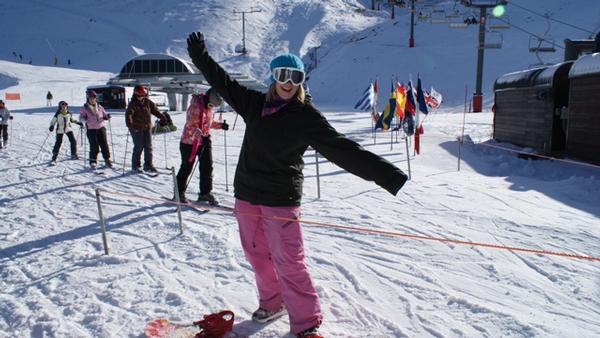 Opening Day Mt Hutt: Jen Todd from Scotland at the bottom of the Quad Chair Lift